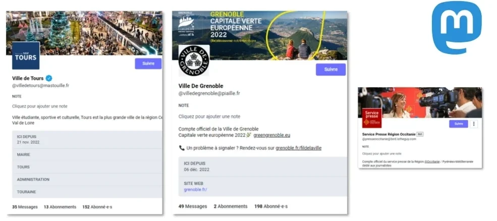 Exemples de comptes sur les réseaux sociaux de différentes collectivités